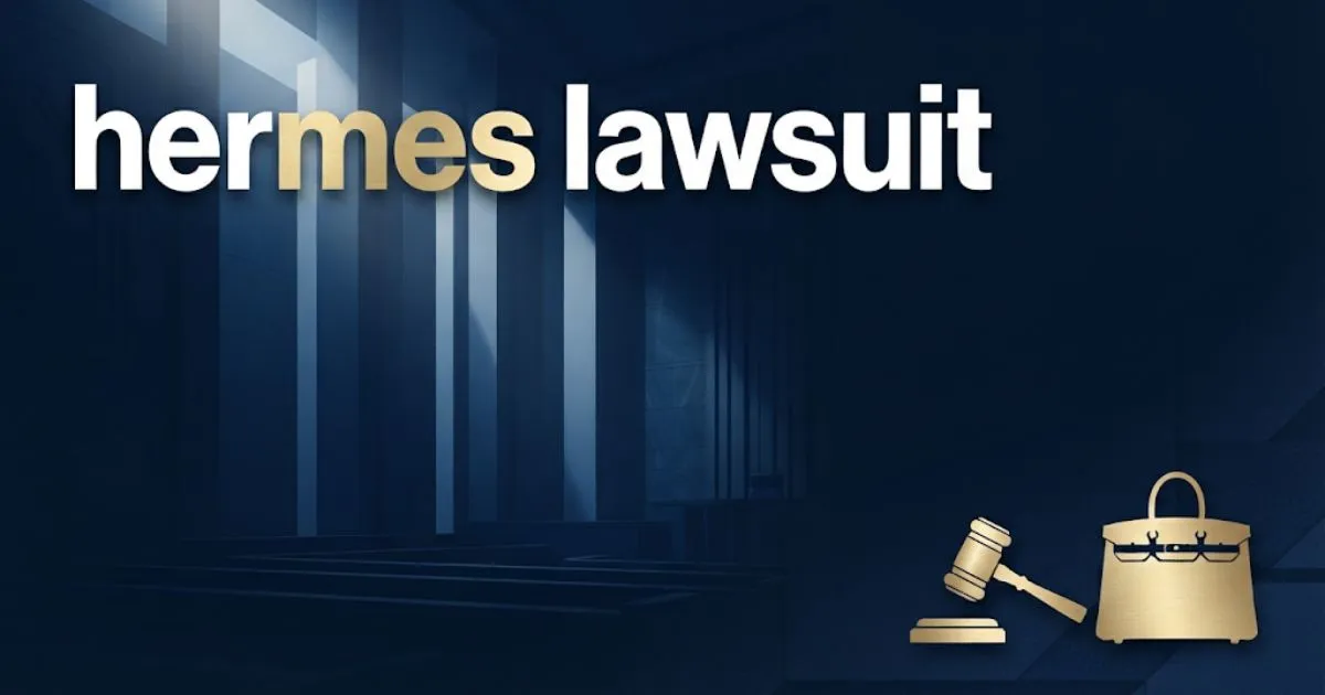 Editorial banner with hermes lawsuit headline in gold text over navy courtroom background with gavel icon