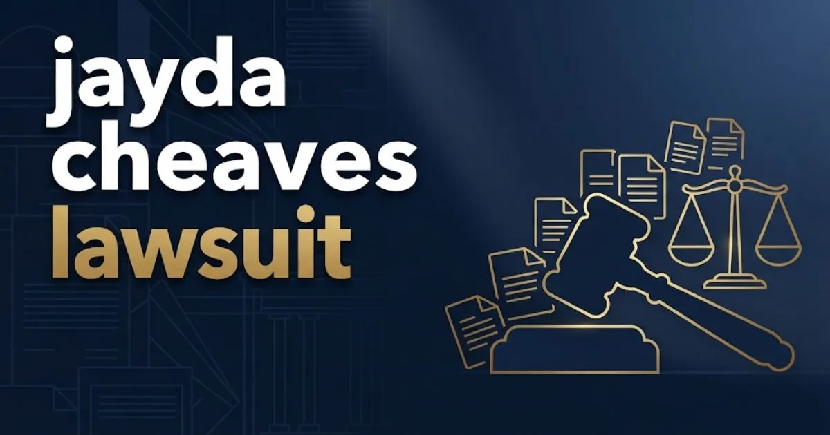 Editorial banner with jayda cheaves lawsuit headline over navy legal themed background with gavel and scales icons
