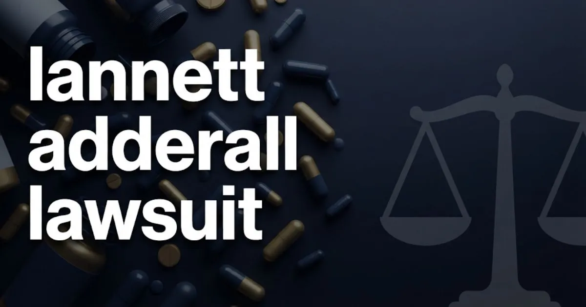 Editorial banner with lannett adderall lawsuit headline text over abstract pharmaceutical and legal imagery in navy and gold