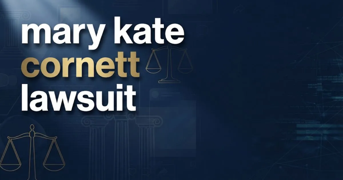 Editorial banner with mary kate cornett lawsuit headline over abstract navy courtroom and digital symbols