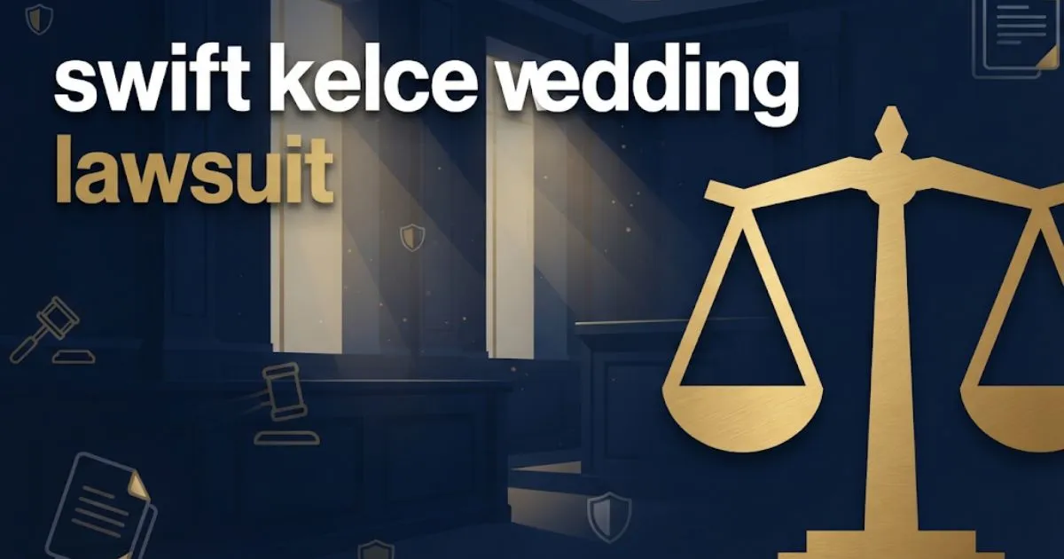 Editorial banner with swift kelce wedding lawsuit headline over abstract navy courtroom scene with golden scales of justice