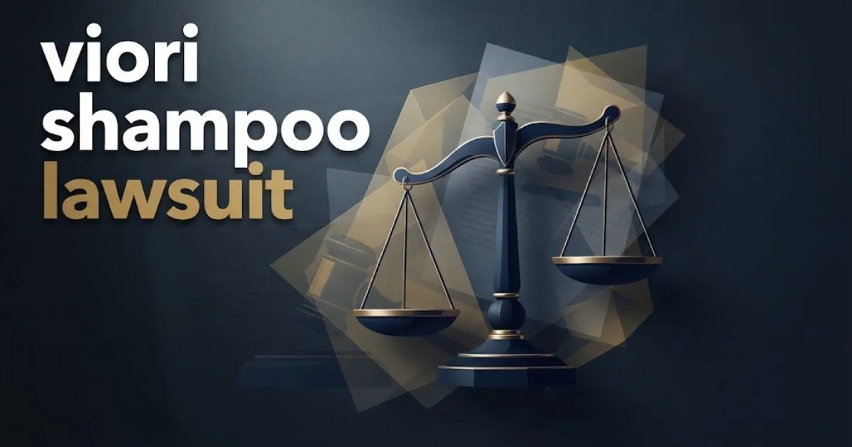 Editorial banner with viori shampoo lawsuit headline in gold text over navy legal scales background