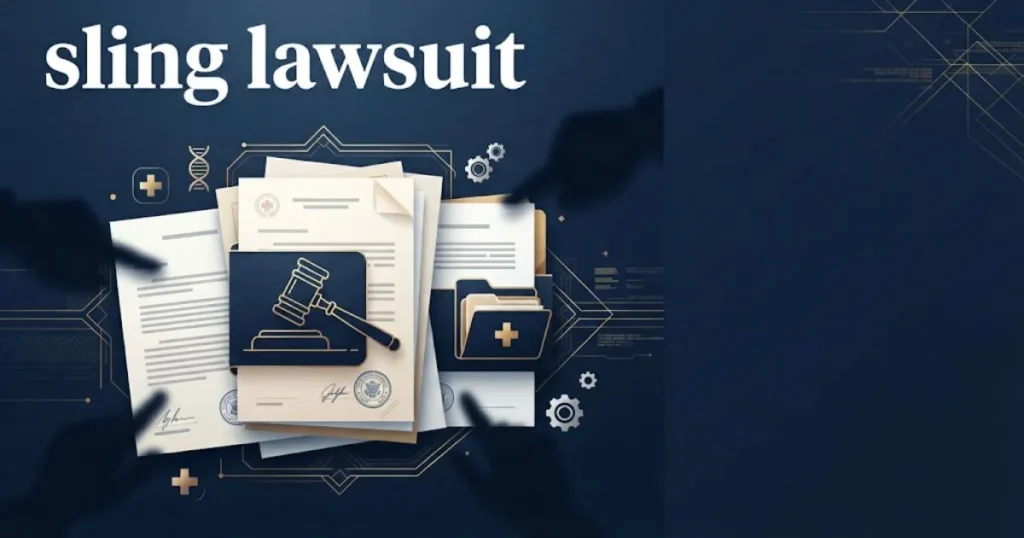 Editorial graphic showing sling lawsuit text with legal documents and settlement folders on navy background