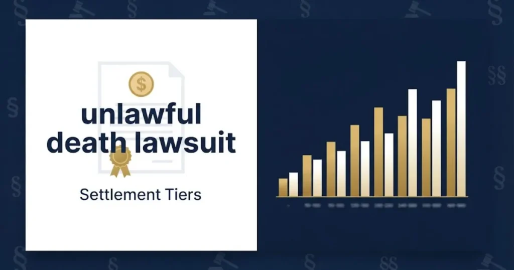 Editorial graphic showing unlawful death lawsuit settlement tiers with gold bar chart and document icons on navy background