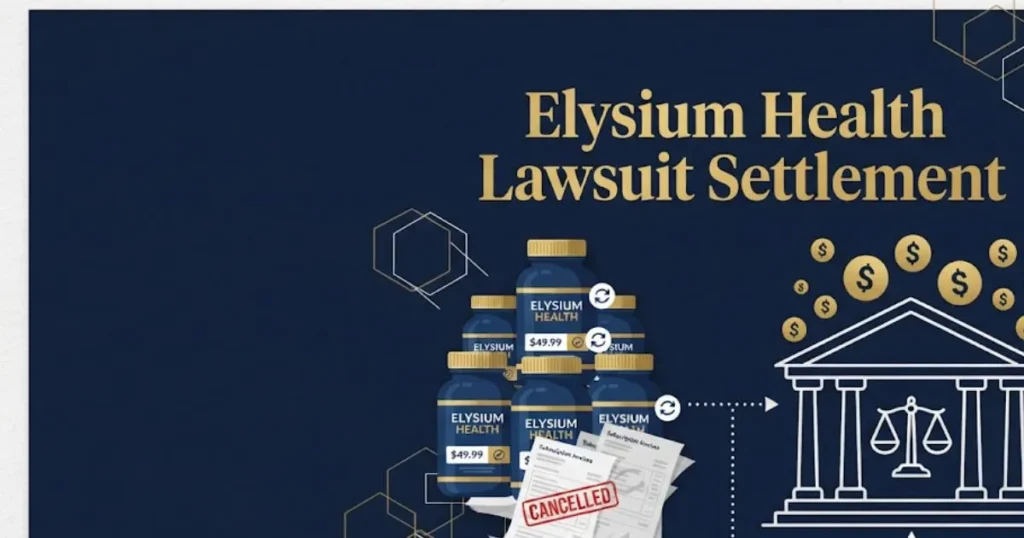 Elysium Health lawsuit settlement infographic showing purchase to payout process