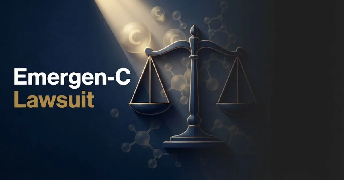 Emergen-C Lawsuit hero banner with legal scales and vitamin capsule graphics on navy background