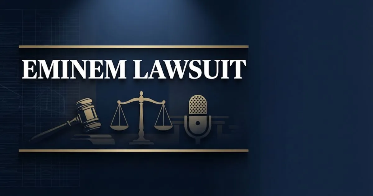 Eminem lawsuit hero banner with gavel, scales of justice, and microphone on navy background