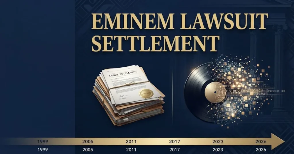 Eminem lawsuit settlement graphic showing legal documents and digital music royalty timeline