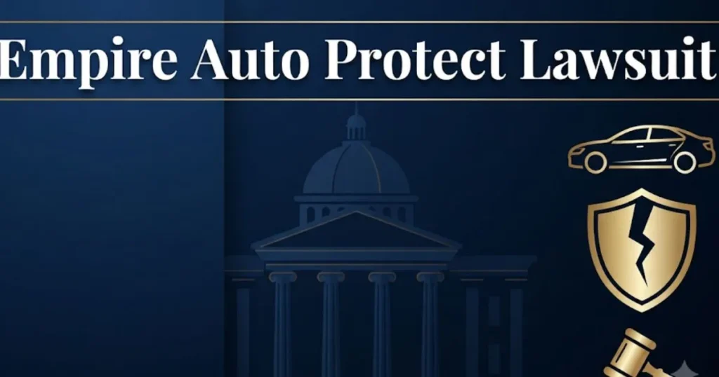 Empire auto protect lawsuit hero banner with courthouse and gavel icons on navy background