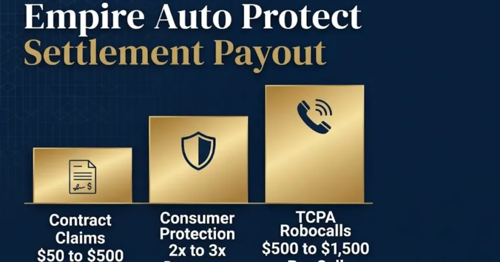 Empire auto protect lawsuit settlement payout tiers infographic with damage amounts