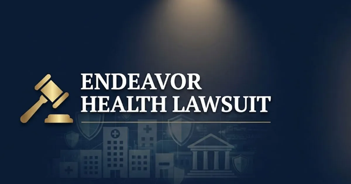 Endeavor health lawsuit hero banner with courthouse and hospital silhouettes on navy background