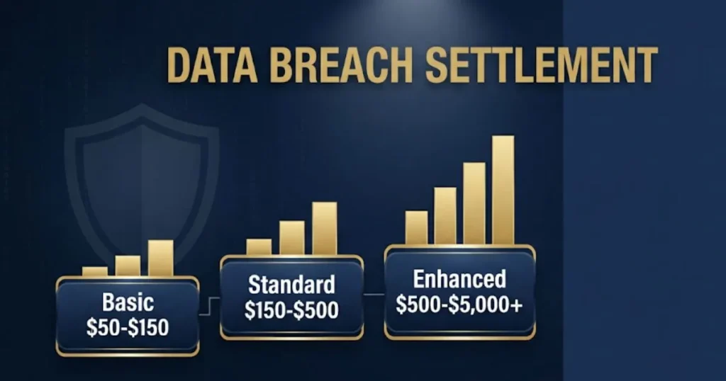 Endeavor health lawsuit settlement payout tiers infographic with gold and navy design