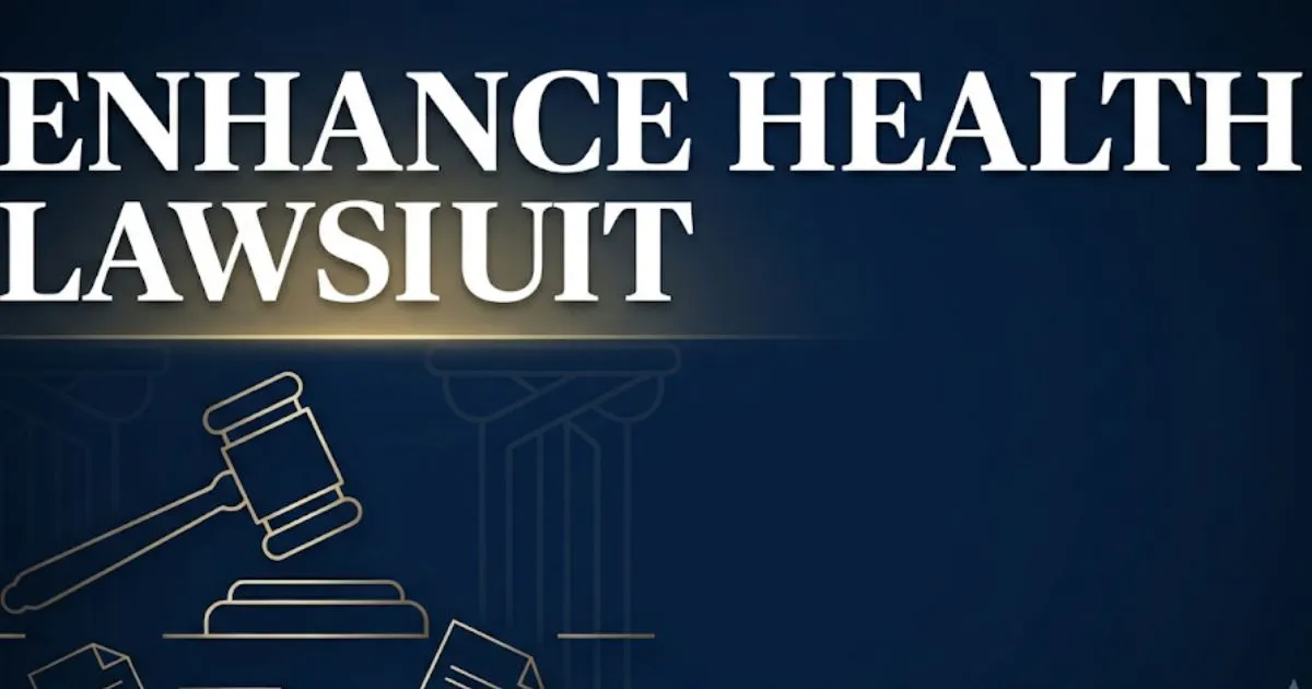 Enhance health lawsuit 2026 hero banner with legal gavel and courthouse icons