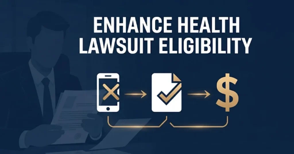 Enhance health lawsuit eligibility criteria infographic with legal icons