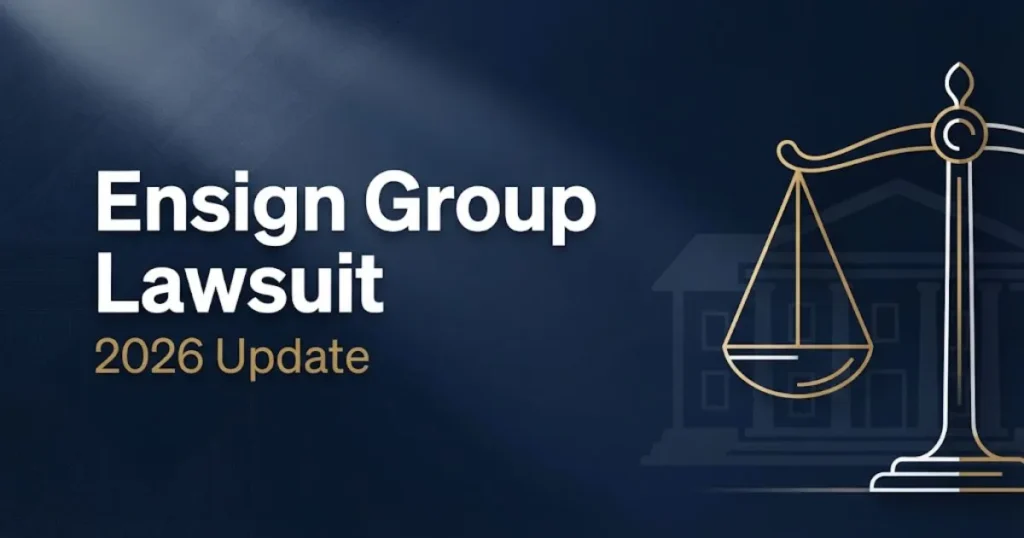 Ensign Group Lawsuit 2026 hero banner with scales of justice and nursing home silhouette on navy background