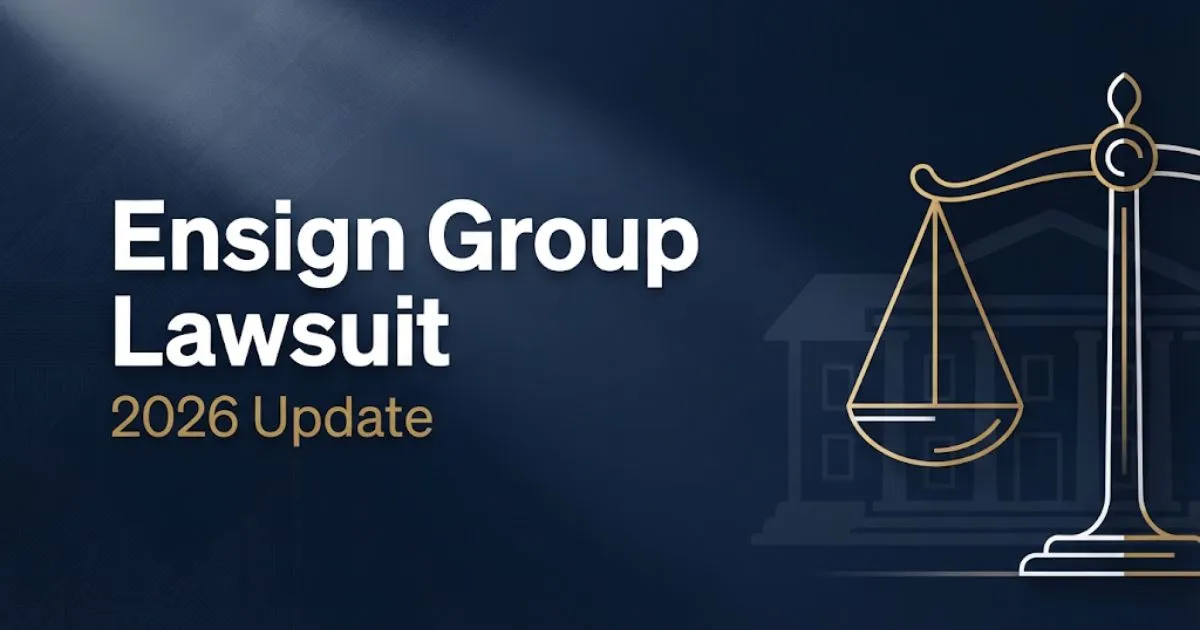 Ensign Group Lawsuit 2026 hero banner with scales of justice and nursing home silhouette on navy background