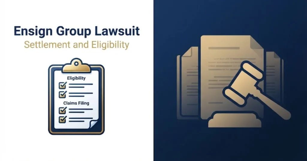 Ensign Group Lawsuit settlement and eligibility graphic with checklist icon and gavel on navy and white background