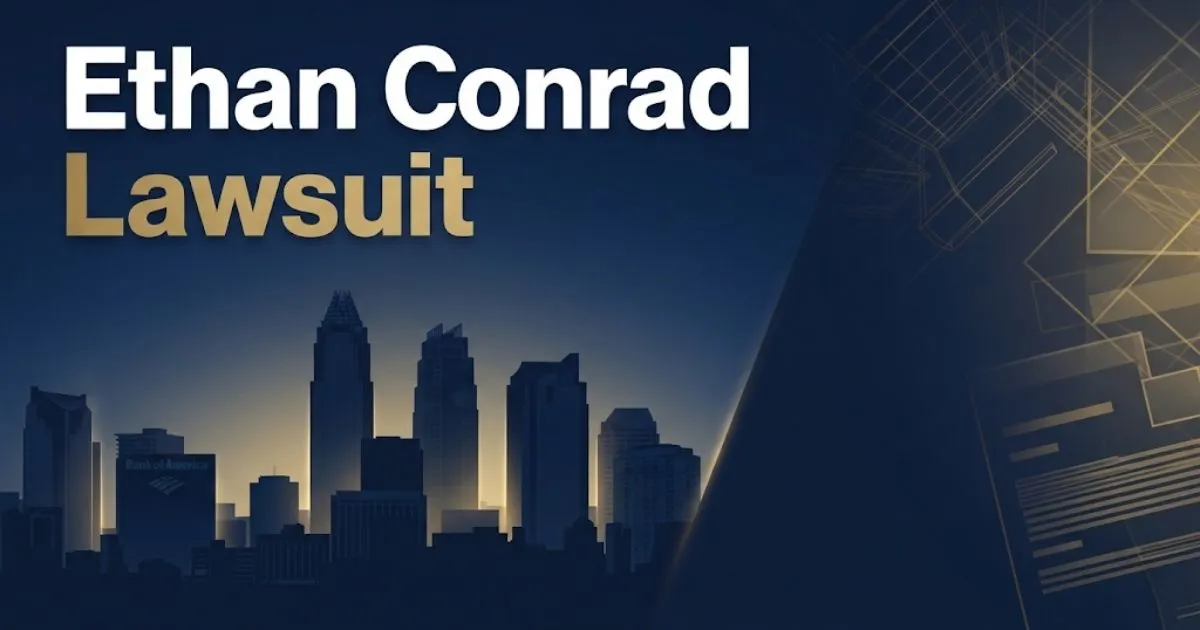 Ethan Conrad Lawsuit hero banner with Charlotte skyline silhouette in navy and gold editorial design