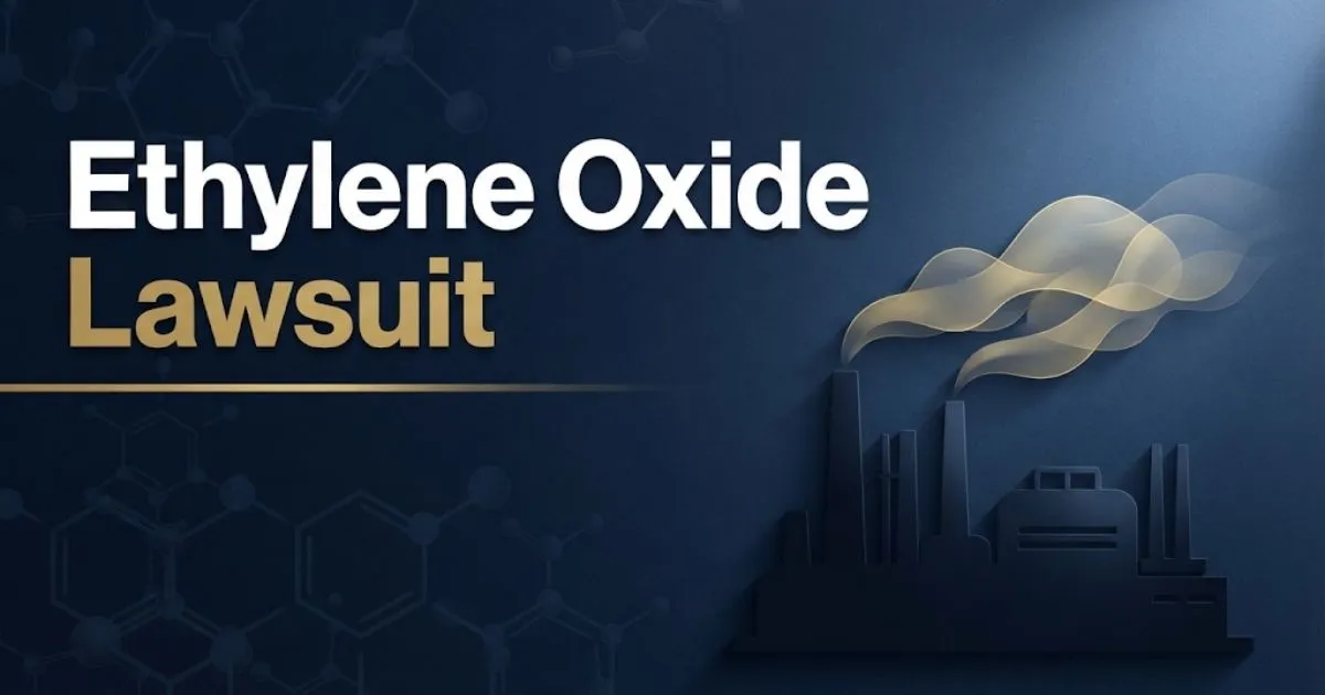 Ethylene oxide lawsuit hero banner with factory silhouette and molecular patterns on navy background