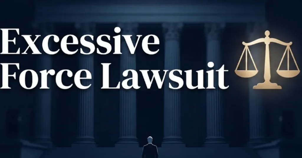 Excessive force lawsuit guide banner with courthouse and scales of justice
