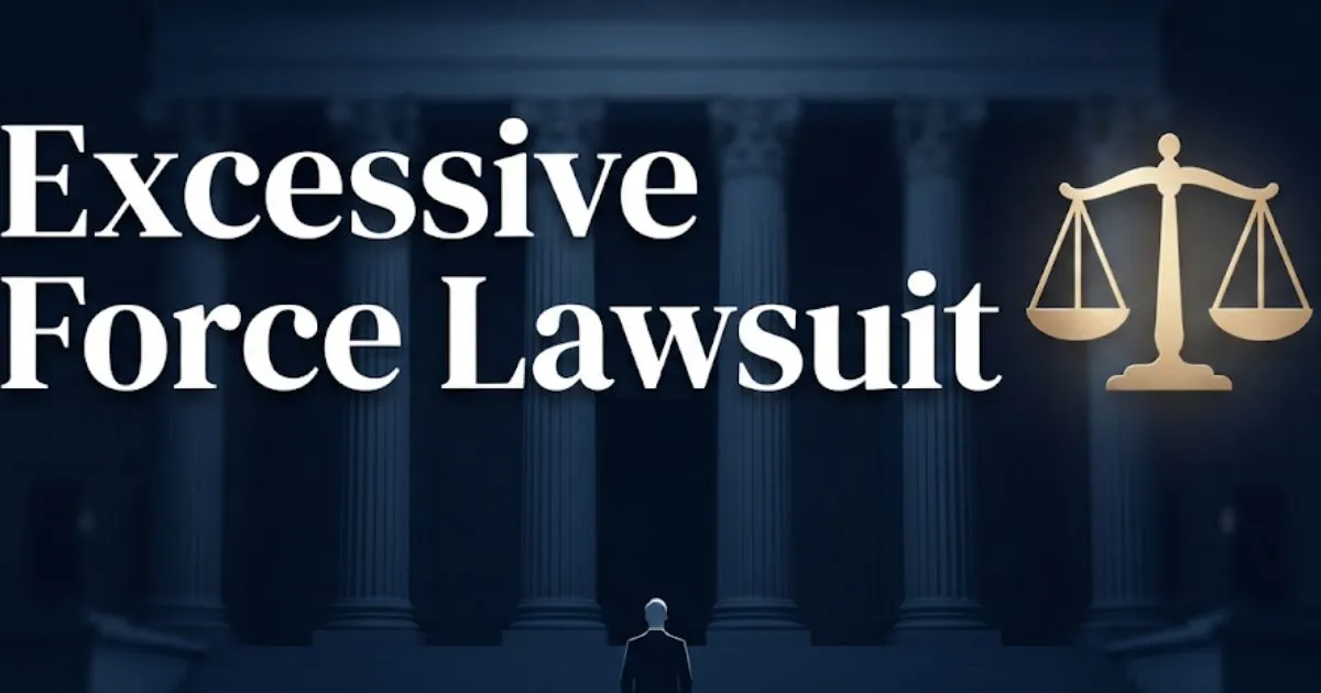 Excessive force lawsuit guide banner with courthouse and scales of justice