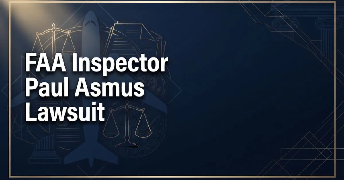 FAA inspector Paul Asmus lawsuit hero banner with aircraft silhouette and legal document graphics on navy background