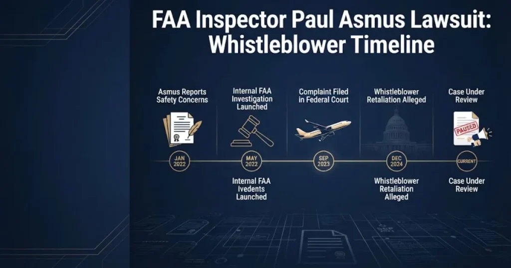 FAA inspector Paul Asmus lawsuit timeline infographic with legal icons and milestone markers on navy background