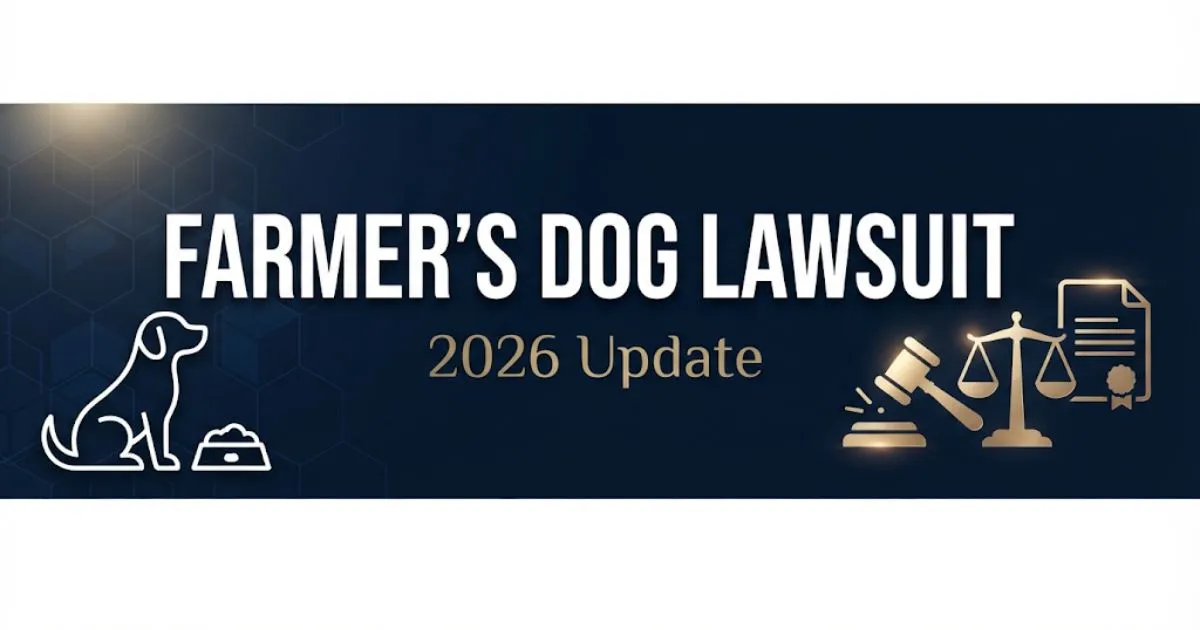 Farmer's dog lawsuit 2026 hero banner with legal symbols and dog silhouette on navy background