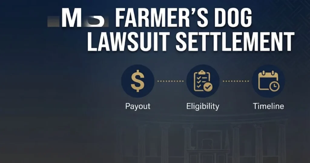 Farmer's dog lawsuit settlement infographic showing payout eligibility and timeline process icons