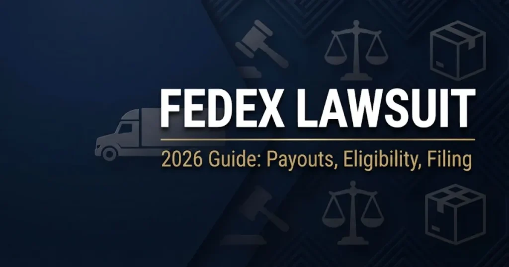 FedEx lawsuit 2026 guide hero banner with legal icons and delivery truck silhouette