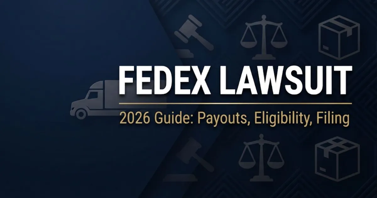 FedEx lawsuit 2026 guide hero banner with legal icons and delivery truck silhouette