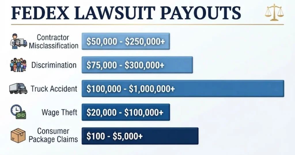 FedEx lawsuit payout amounts infographic showing settlement ranges by claim type