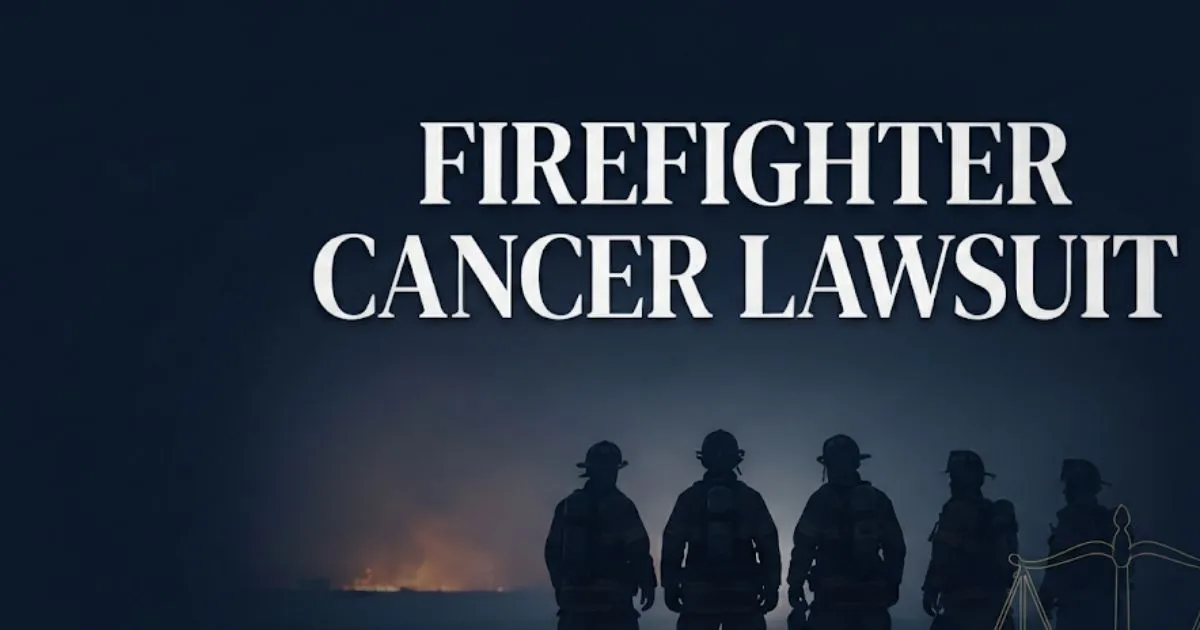 Firefighter cancer lawsuit 2026 hero banner with silhouetted firefighters and legal scales