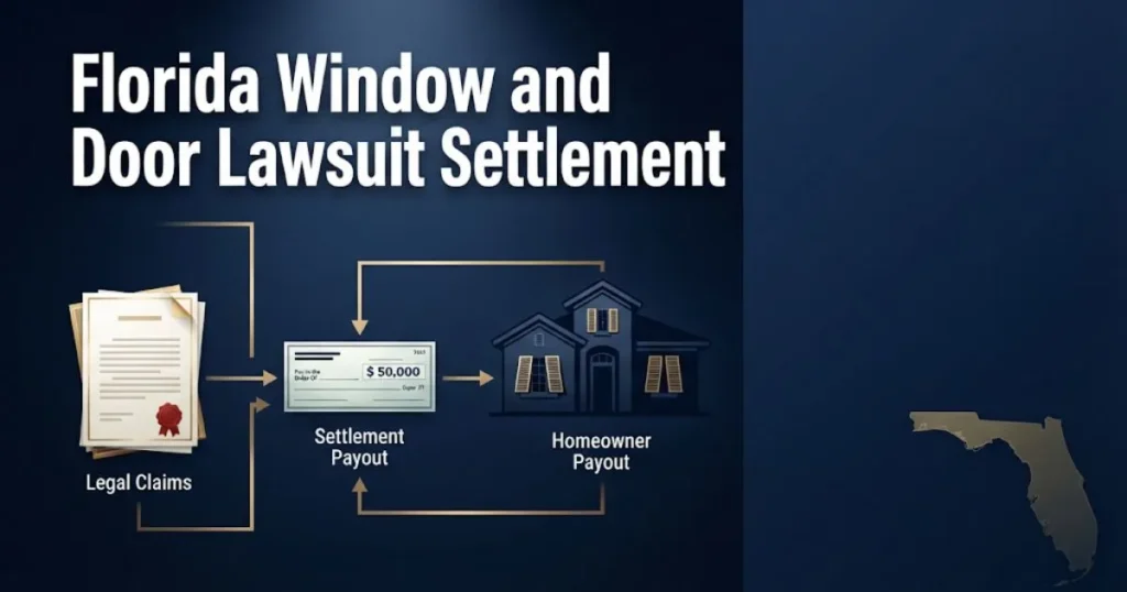 Florida window and door lawsuit settlement payout graphic with legal document icons