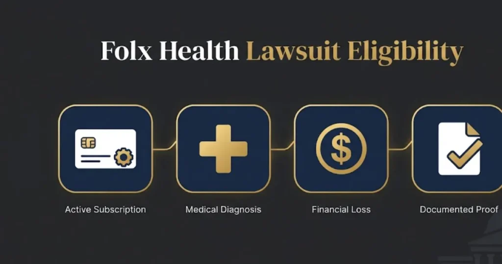 Folx Health lawsuit eligibility checklist infographic with legal and billing icons