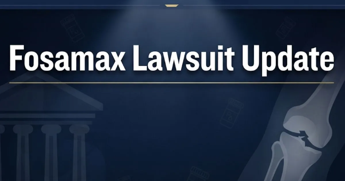 Fosamax lawsuit update 2026 hero banner with courthouse and bone fracture imagery