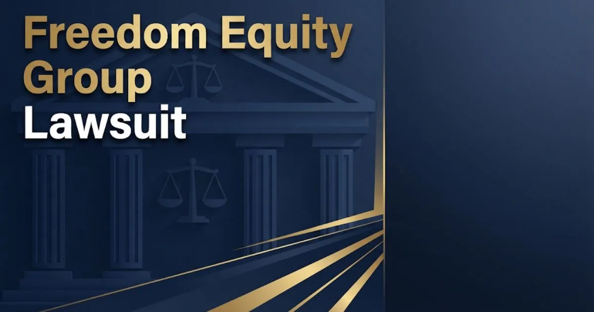 Freedom Equity Group Lawsuit hero banner with courthouse graphic and gold legal scales on navy background