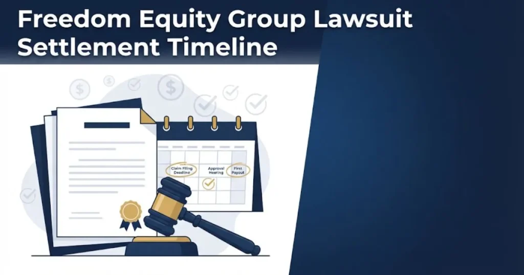 Freedom Equity Group Lawsuit settlement timeline graphic with legal documents and calendar on navy background