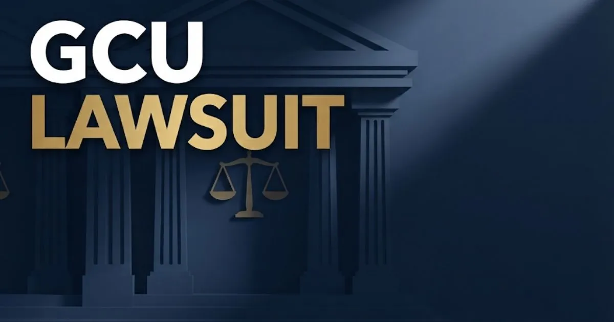 GCU lawsuit hero banner with courthouse graphics and bold title text in navy and gold