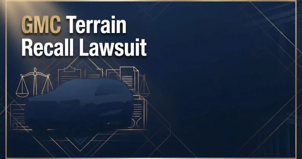 GMC Terrain recall lawsuit hero banner with navy blue SUV silhouette and gold legal scales on dark background