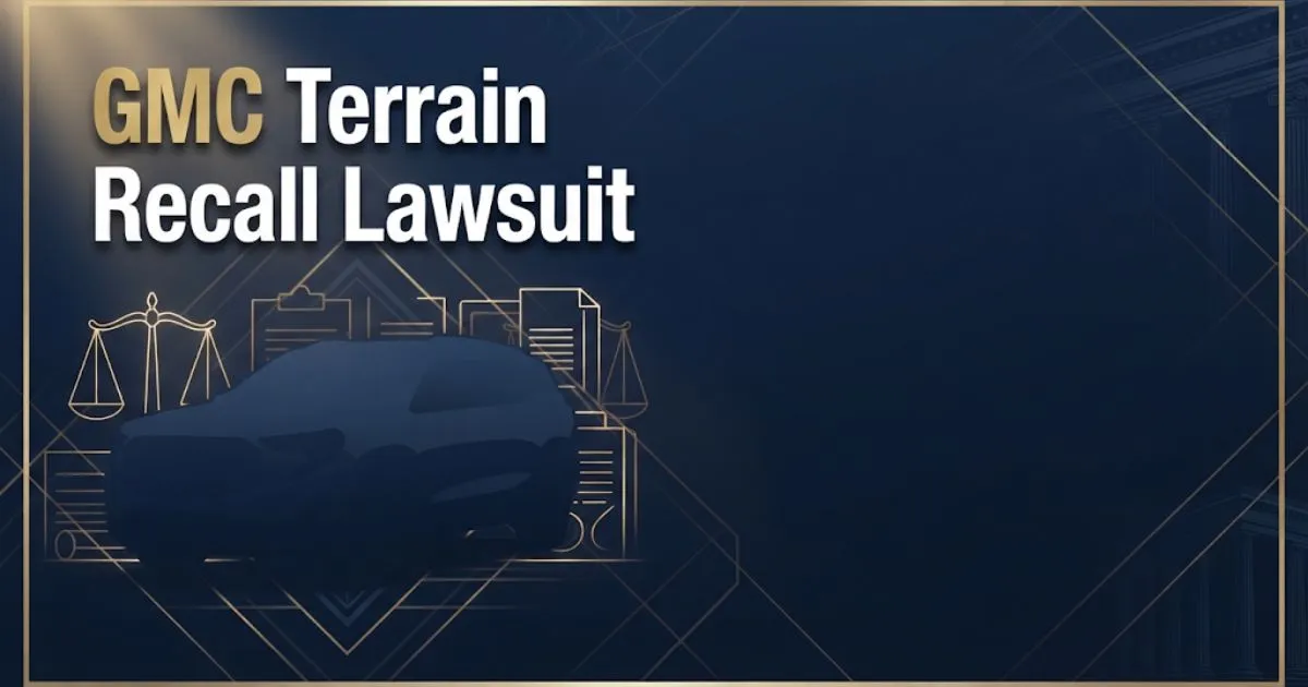 GMC Terrain recall lawsuit hero banner with navy blue SUV silhouette and gold legal scales on dark background