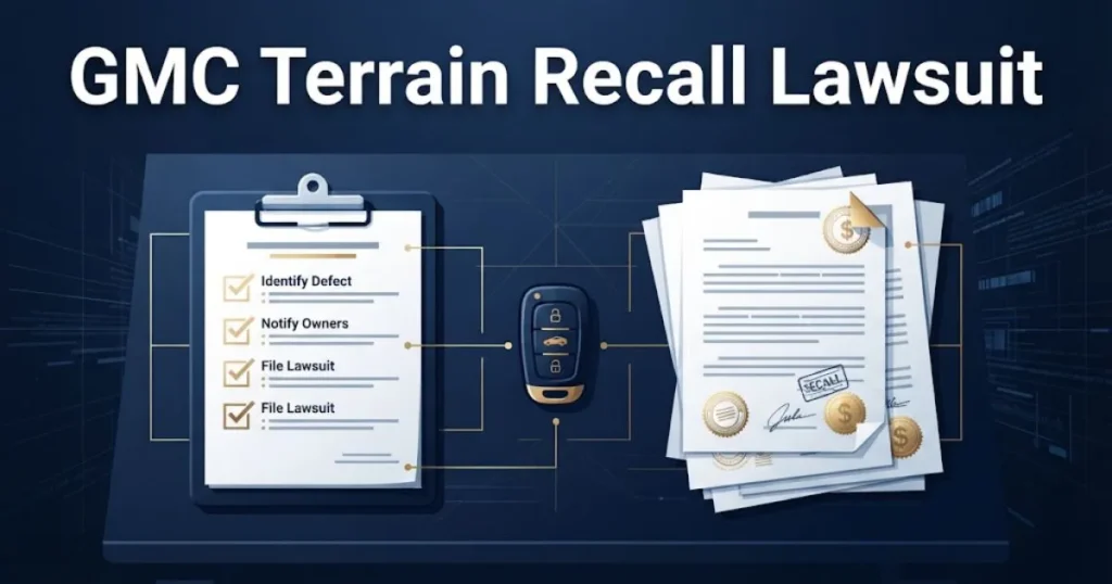 GMC Terrain recall lawsuit supporting graphic with checklist clipboard and legal documents on navy background