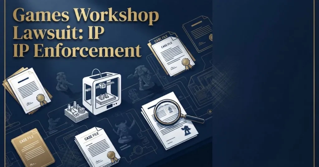 Games Workshop lawsuit IP enforcement graphic with 3D printer and document icons on navy desk background