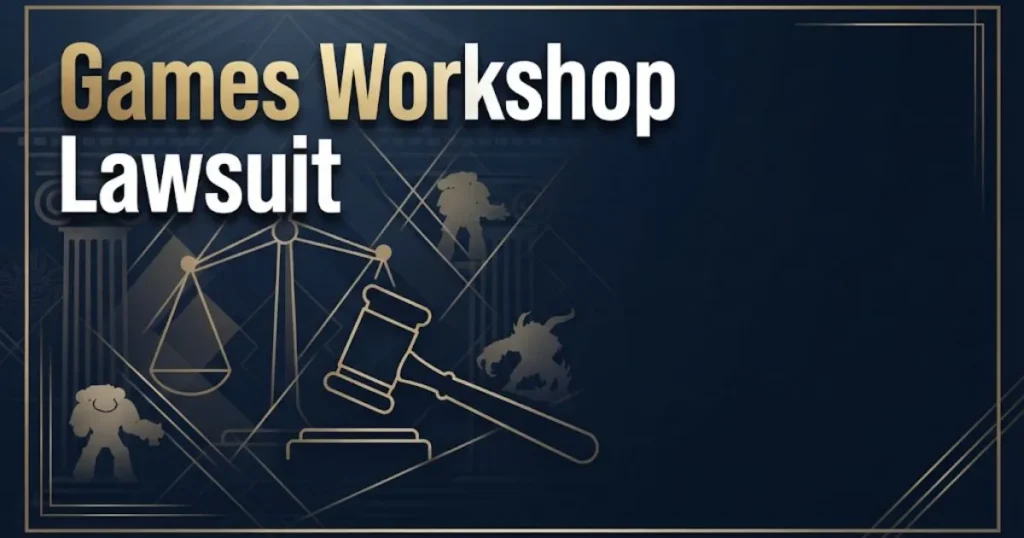 Games Workshop lawsuit hero banner with legal scales and miniature figurine silhouettes on dark navy background