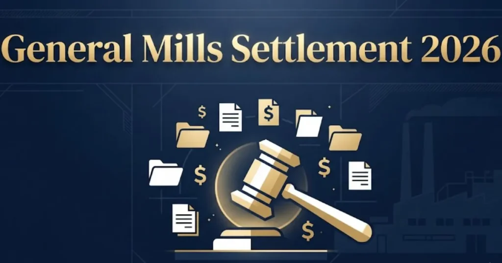 General mills settlement 2026 graphic with gavel and factory silhouette on navy background