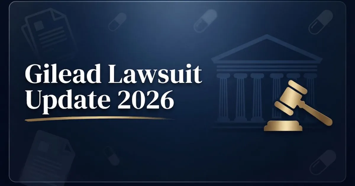 Gilead lawsuit update 2026 hero banner with courthouse silhouette and gavel icon on navy background