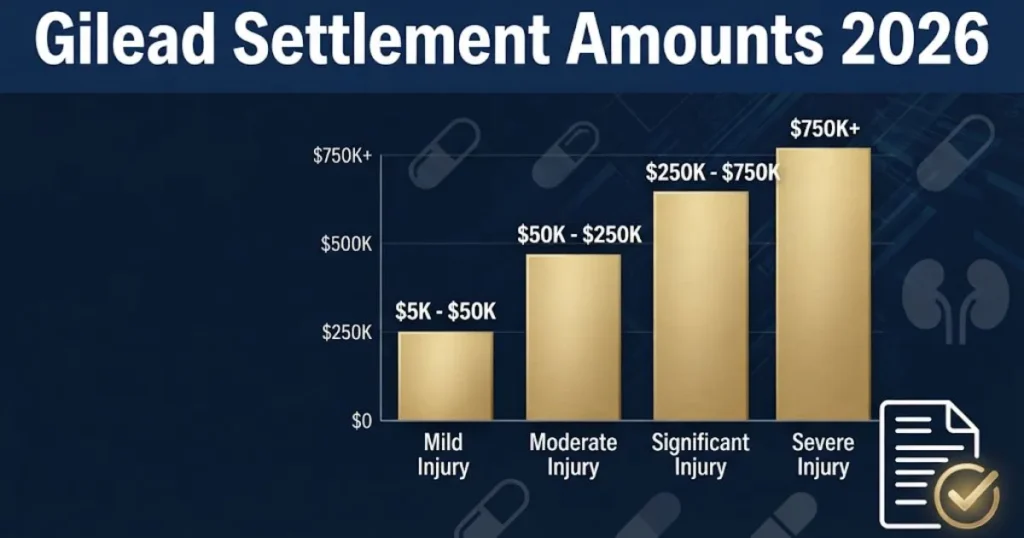 Gilead settlement amounts 2026 infographic showing payout tiers by injury category