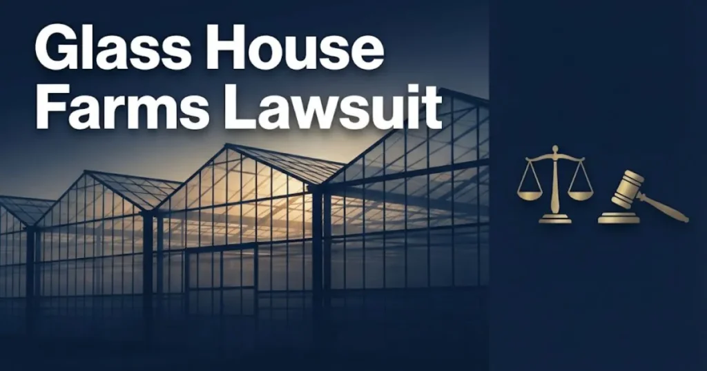 Glass House Farms lawsuit 2026 hero banner with legal scales and greenhouse silhouette in navy and gold
