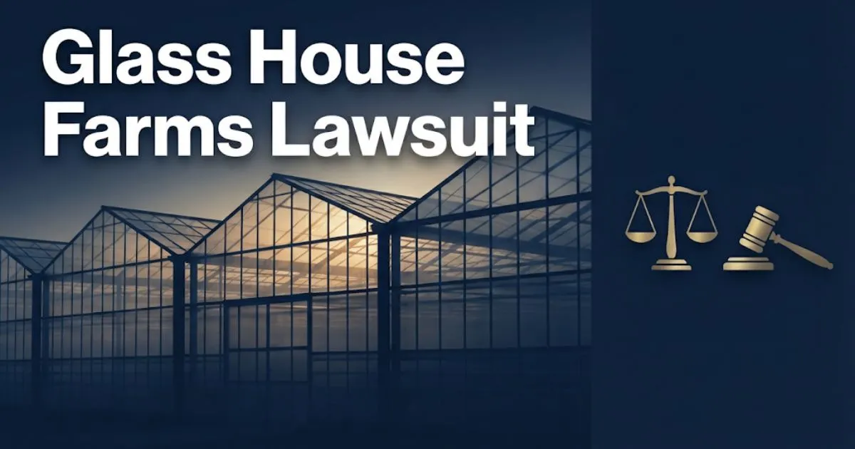 Glass House Farms lawsuit 2026 hero banner with legal scales and greenhouse silhouette in navy and gold