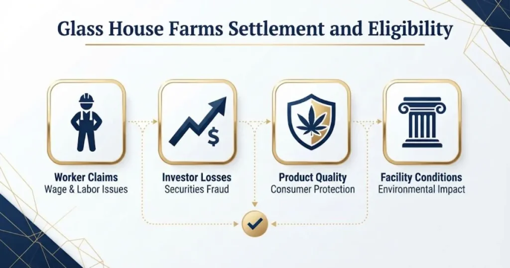 Glass House Farms settlement eligibility infographic showing worker, shareholder, and consumer claim types